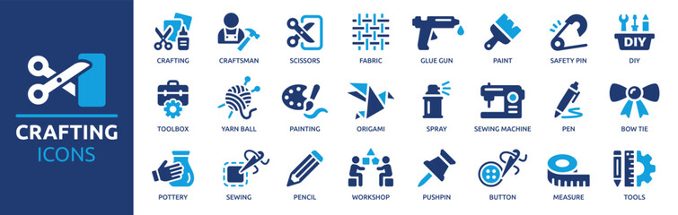 Poster - Crafting icon set. Containing DIY, craftsman, pencil, sewing, glue gun, origami, workshop, fabric, painting and more. Solid vector icons collection.