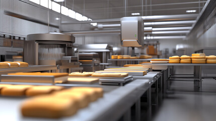 Poster - Automatic bakery production line with bread in bakery