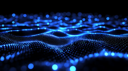 Wall Mural - Blue glowing particles on dark background with bokeh effect