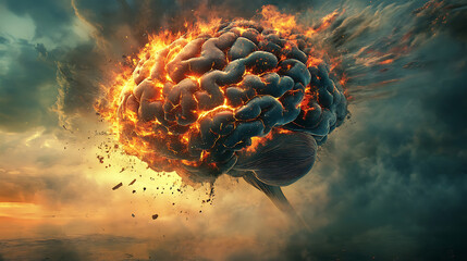 Poster - Burn out concept with atomic brain explosion, illustration