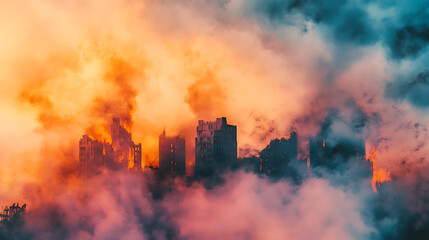 Aufkleber - Burning city with ruins on fire, acrid smoke from the fire