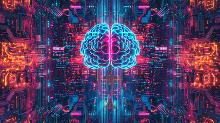 Poster - Brain, digital brain, 3d science and technology concept, cpu, circuit board, abstract technology background, ai