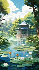 Wall Mural - Serene Pagoda Lakeside Garden, Summer.