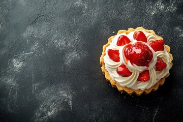 Poster - Delectable strawberry pastry topped with cream and mascarpone set against a dark concrete backdrop Aerial perspective Room for text