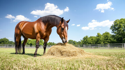 Wall Mural - Brown horse eating hay from a pile in a sunny corral on a farm, with green trees and a blue sky with white clouds in the background