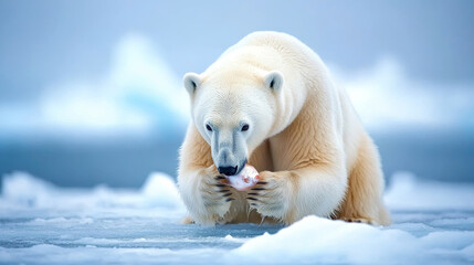 Wall Mural - polar bear devouring freshly caught fish near arctic sea ice, white landscape stretching behind pred