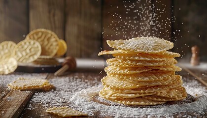 Sticker - A stack of crispy, golden-brown, lattice-patterned cookies dusted with powdered sugar on a wooden table, with honey in the background.