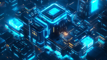 Fototapete - Development architecture computer systems of smart building, futuristic modern illustration in blue neon colors, ai