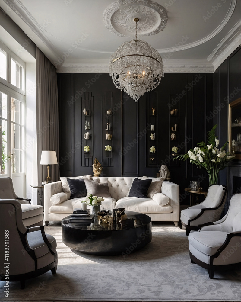 Chic black and white living room with modern design elements large ...