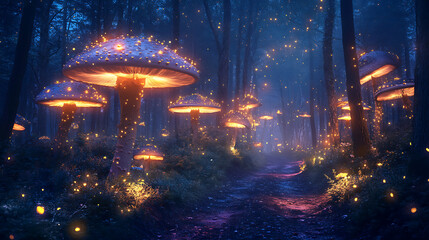 Poster - Fantastic night forest landscape with trees and road, fireflies and mushrooms glowing in the dark