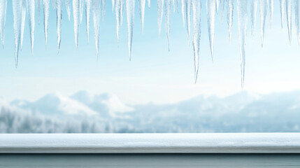 Wall Mural - sharp icicles hanging from a balcony railing create a winter scene with snowy mountains in the backg