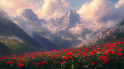 Aufkleber - Fantasy landscape, colorful mountains, mythical red flower, close-up, glade of red flowers, ancient mountains, clouds