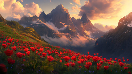 Aufkleber - Fantasy landscape, colorful mountains, mythical red flower, close-up, glade of red flowers, ancient mountains, clouds