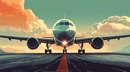 Poster - Front view of passenger airplane taking off on runway, illustration