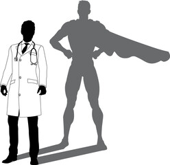 Wall Mural - A superhero medical doctor man health care worker revealed by his shadow silhouette as a super hero in a cape.