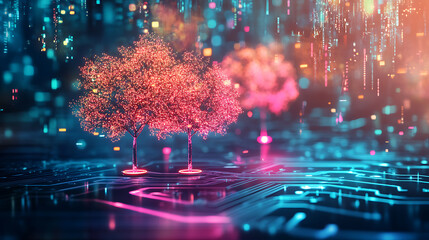 Poster - Future tech development concept with glowing neon trees on a circuit board background in a futuristic polygonal style, modern illustration of the future of technology