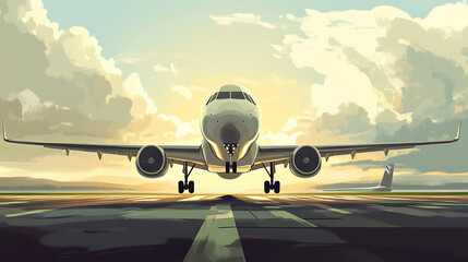 Poster - Front view of passenger airplane taking off on runway, illustration