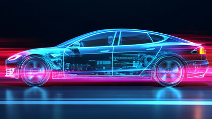 Poster - Futuristic clean energy car driving fast with colorful light trails, illustration