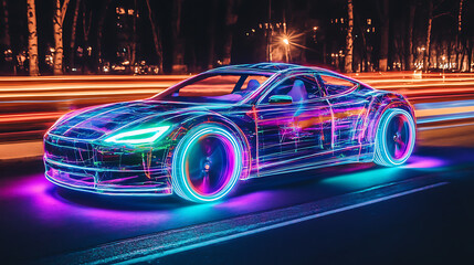 Poster - Futuristic clean energy car driving fast with colorful light trails, illustration