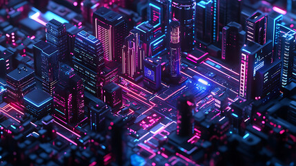 Leinwandbilder - Futuristic neon city in an isometric form, the concept of connecting devices, communication between devices, 3d artwork