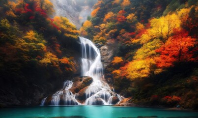 Wall Mural - Autumn Waterfall Cascade, Mountain Pool, Vivid Foliage.