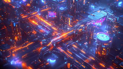 Sticker - Futuristic neon city in an isometric form, the concept of connecting devices, communication between devices, 3d artwork