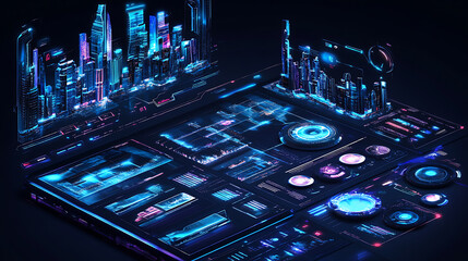 Leinwandbilder - Futuristic user interface with a hologram of the city, game interfaces graphical technical control design elements digital holographic city buildings and information display