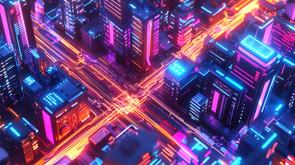 Leinwandbilder - Futuristic neon city in an isometric form, the concept of connecting devices, communication between devices, 3d artwork
