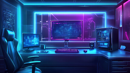 Fototapete - Gaming computer on desk in video gamer room with neon lights, futuristic modern illustration in blue neon colors, ai