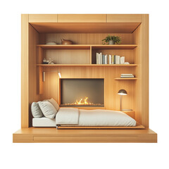 Poster - A modern minimalist bedroom featuring a built-in wooden structure with a fireplace, shelves, and a bed.