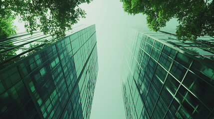 Aufkleber - Green business concept with glass office building view from low angle and green trees