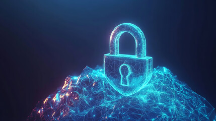 Leinwandbilder - Internet security lock information privacy low polygonal future innovation technology network business concept blue modern illustration of a cyber safety padlock on a data mass