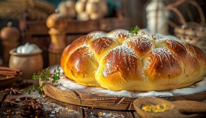 Wall Mural - A freshly baked loaf of bread dusted with powdered sugar on a wooden board with spices around it.