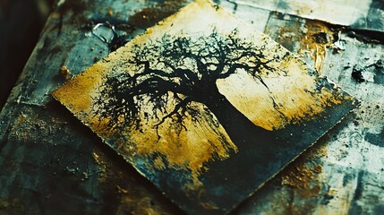 Wall Mural - Golden Tree: A Dark Landscape Painting