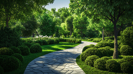 Poster - Landscape of a summer day in a green park with bushes and trees along stone paths 3d illustration