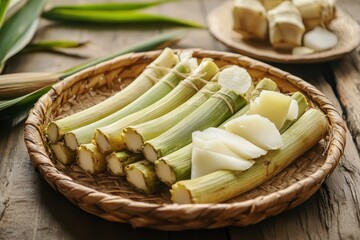 Poster - Fresh bamboo shoots and peeled ones in a woven tray with selective focus