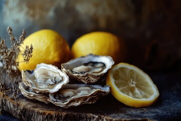 Wall Mural - Fresh oysters with lemon viewed horizontally up close