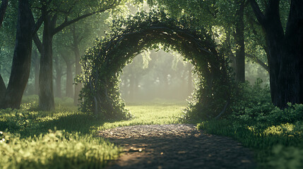 Poster - Magical portal with arch made with tree branches in shady green forest, open door to alternative dimension fantasy scene 3d artwork