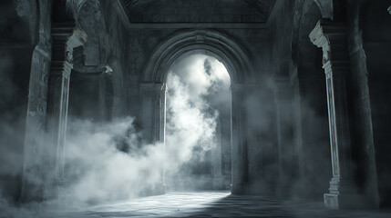 Poster - Majestic stone portal and light smoke clouds in dark hall