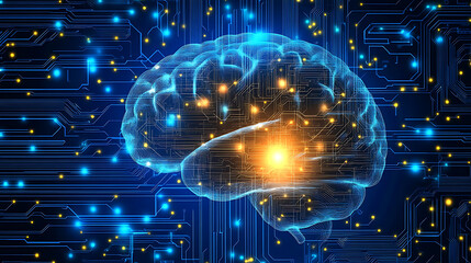 Poster - Machine learning, artificial intelligence, ai, deep learning blockchain neural network concept, brain made with shining wireframe above cpu on circuit
