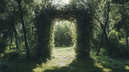 Poster - Magical portal with arch made with tree branches in shady green forest, open door to alternative dimension fantasy scene 3d artwork