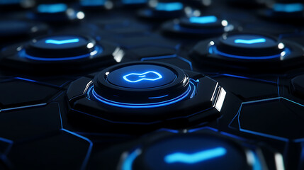 Poster - Modern 3d graphic with abstract blue futuristic guard shields in power buttons protection, cyber security, and insurance concepts geometric background wireframe light connection structure modern 3d