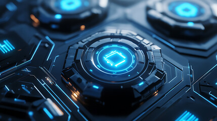 Aufkleber - Modern 3d graphic with abstract blue futuristic guard shields in power buttons protection, cyber security, and insurance concepts geometric background wireframe light connection structure modern 3d