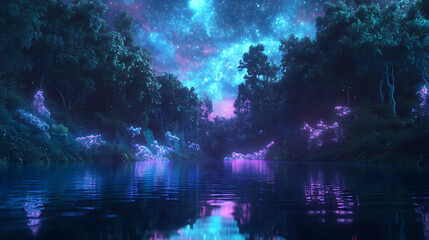 Poster - Northen lights over lake surrounded by forest, sky shine, magic realism, colorful sparks, neon blue glow reflecting in water, night landscape, science fiction concept, 3d rendering illustration