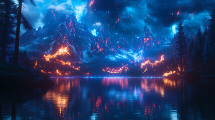 Poster - Northen lights over lake surrounded by forest, sky shine, magic realism, colorful sparks, neon blue glow reflecting in water, night landscape, science fiction concept, 3d rendering illustration