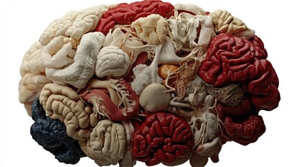 Poster - Intricate Cluster of Human Organs and Brain in Red White and Blue Hues