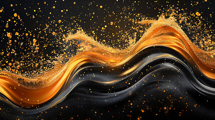 Poster - Raster illustration of splashes of water, wave color with sand, foam, drink mixture of black orange colors, waves and gold swirls, 3d render raster background for business and advertising