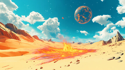 Poster - Raster illustration of uninhabited sandy desert with magma flowing through it and space objects in the sky, sputnik, planet, plasma, volcanic eruption, cosmonaut, science, 3d artwork