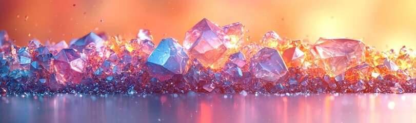 Poster - In this 3d render, an abstract crystal background with an iridescent texture is complemented by a macro panorama featuring a faceted gem, set against a wide panoramic polygonal wallpaper