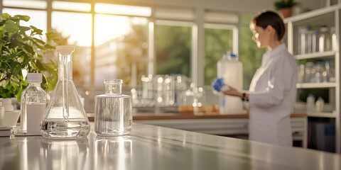 Poster - Laboratory scene with glassware and scientist working in background